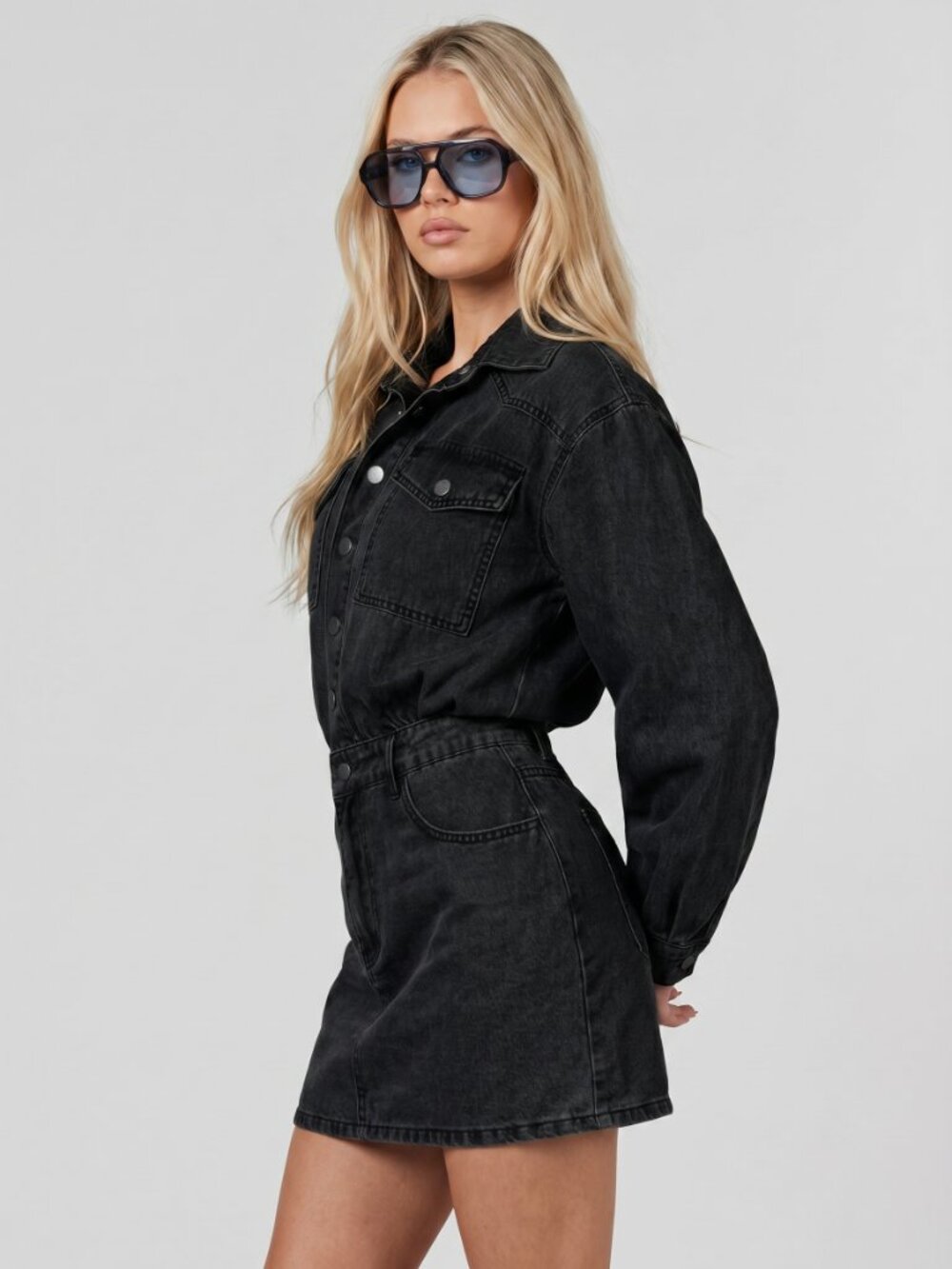 Women Cotton Washed Denim Mini Dress Casual Commuter Chic Streetwear
